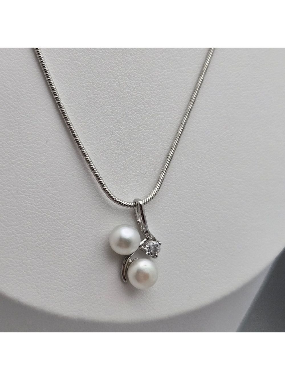 Real Pearl Necklace 20” Silver Plated Snake Chain Rhinestone White Freshwater